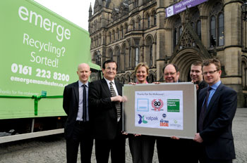 HMG Paints, Emerge & Manchester City Councillors outside Manchester Town Hall for EMERGE's relaunch for which HMG Paints supplied the paint.